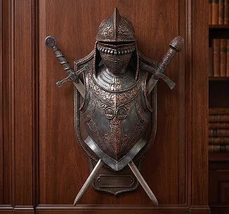 Medieval armor wall sculpture - Nunsmere Hall 16th-century battle armor with swords