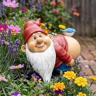 Garden gnome statue - Loonie Moonie bare buttocks outdoor garden statue with bluebird