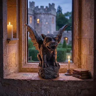 Gargoyle statue - Florentine gargoyle outdoor statue perched on a castle windowsill at dusk