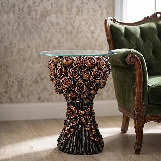 Sculptural accent table - Bouquet of Roses glass-topped gothic furniture piece in a living room