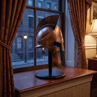 Swords and armor collectible - Greek Spartan helmet replica statue on museum mount