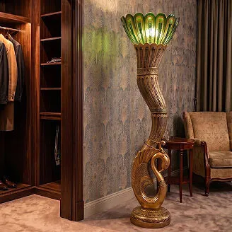 Unique floor lamp - Art Deco peacock sculptural lamp with crystalline shade and antique gold finish