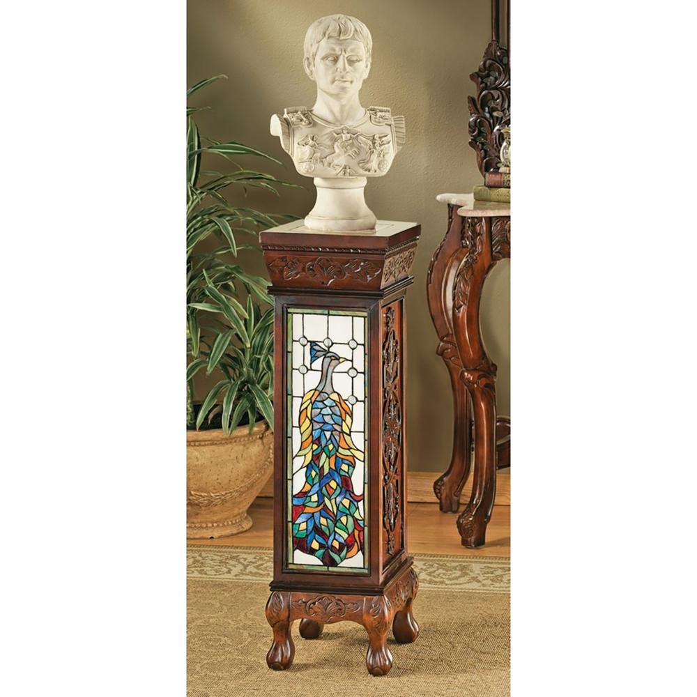 Peacock Stained Glass Illuminated Hand-Carved Pedestal