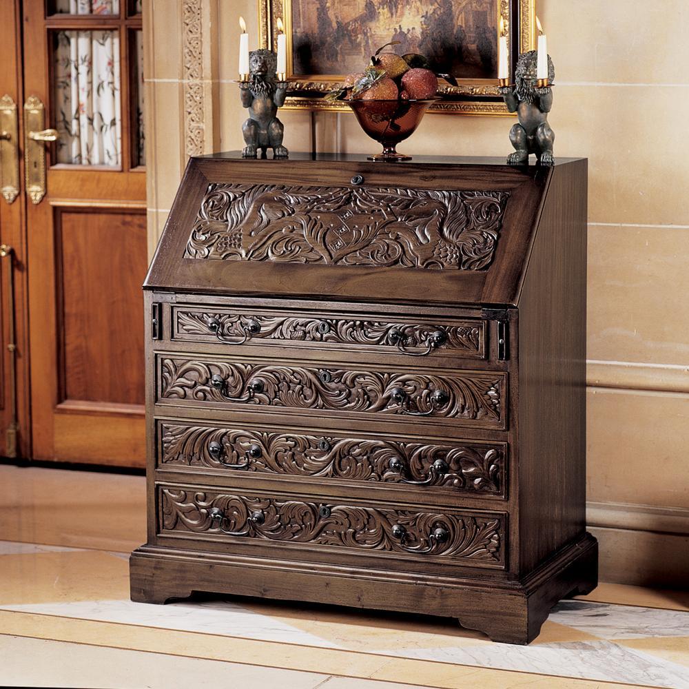 Carved Unicorn Drop-Front Writing Desk