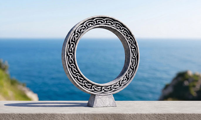 Celtic garden statue - Circle of Life stone sculpture with interwoven knotwork design