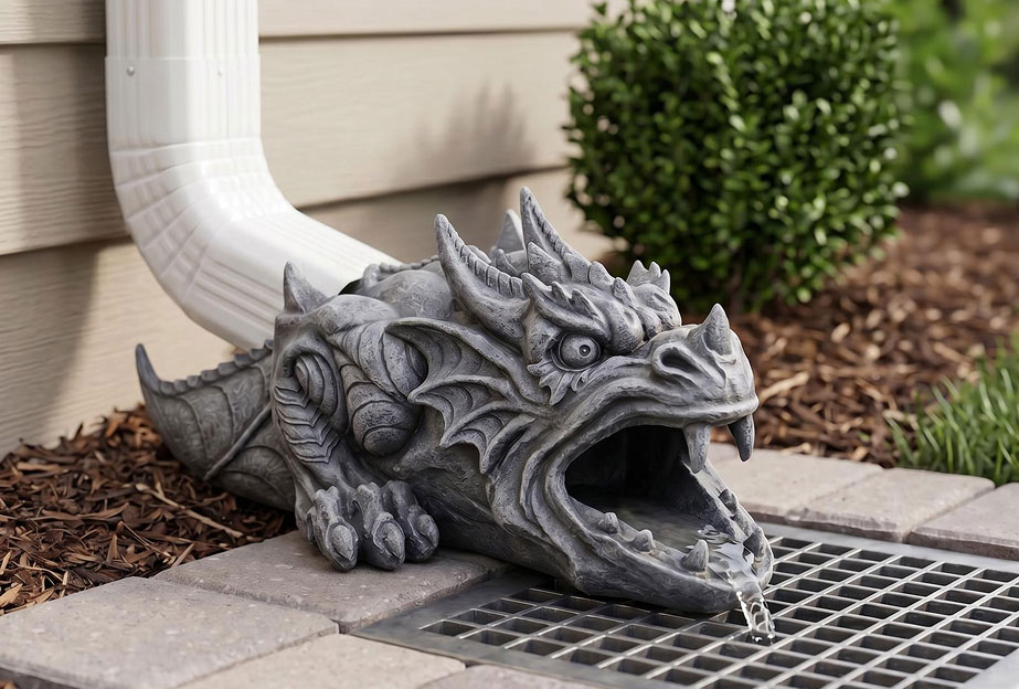 Dragon garden statue - Ranier sculptural dragon rainspout splashblock for outdoor drainage