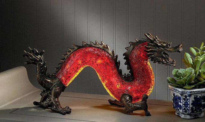 Dragon lamp - Dragon Dance of Light illuminated mosaic glass sculptural table lamp
