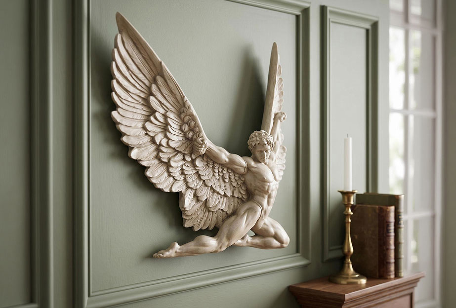 Greek god statue - Icarus mythical figure wall sculpture with outstretched wings in flight