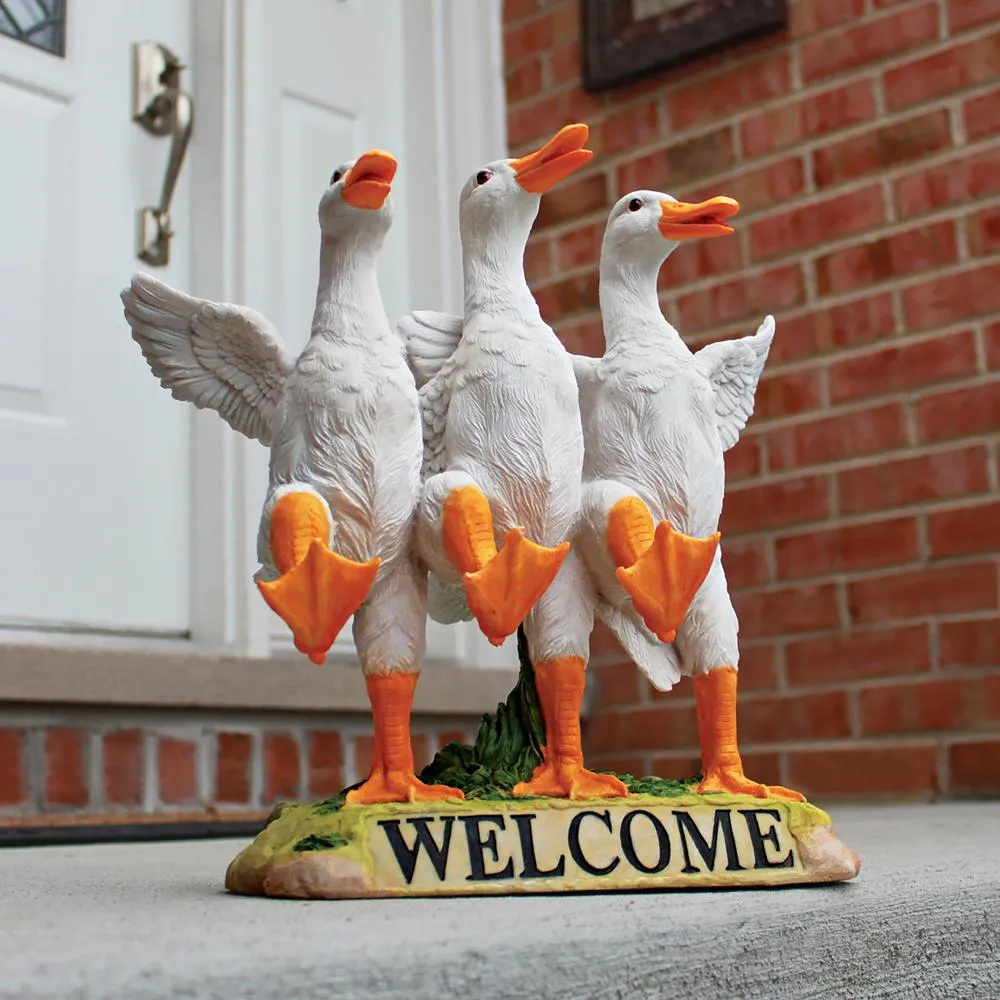 Delightful Dancing Ducks Welcome Sign Statue