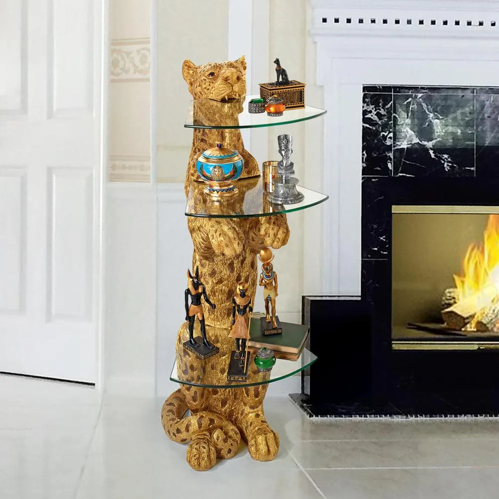 Royal Egyptian Cheetah Sculptural Glass-Shelved Pedestal Table