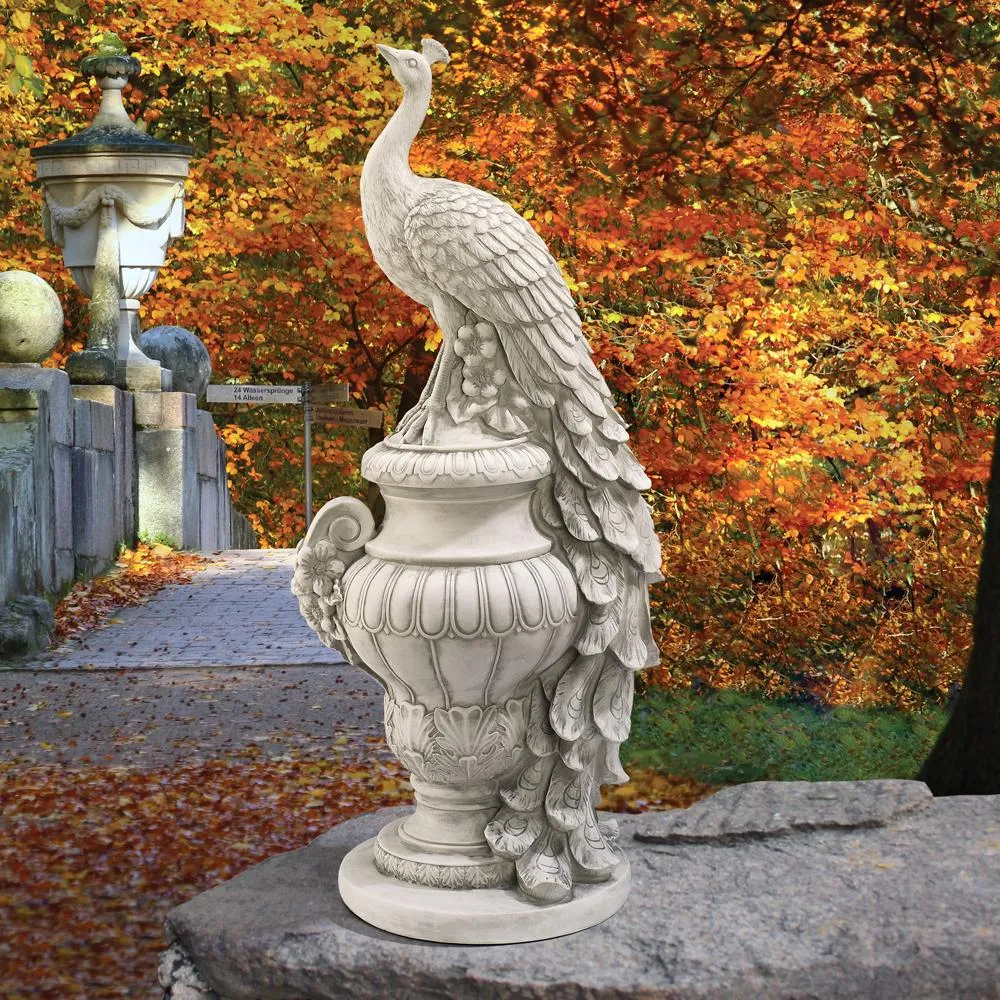 Staverden Castle Peacock on an Urn Garden Statue: Large