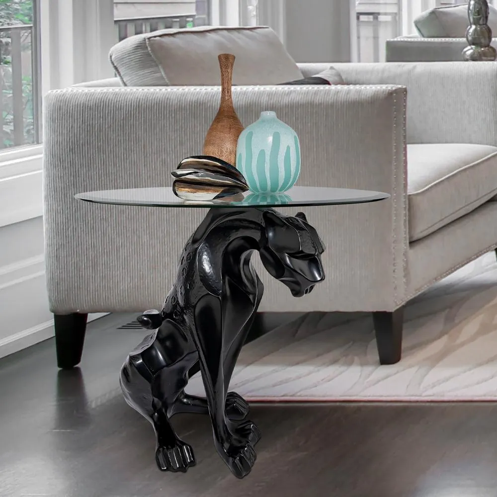 Black Jaguar Glass-Topped Sculptural Table: Each