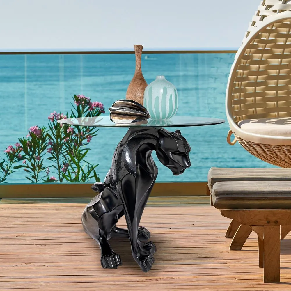 Black Jaguar Glass-Topped Sculptural Table: Each