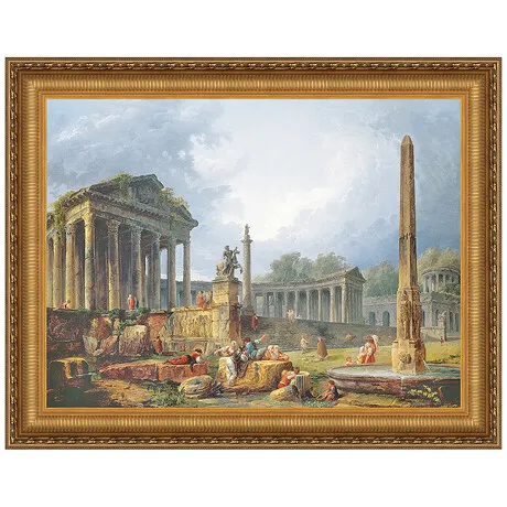 Architectural Capriccio with Obelisk Framed Canvas Replica Painting: Large