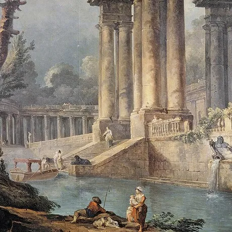 The Ruins Near The Water Framed Canvas Replica Painting: Large