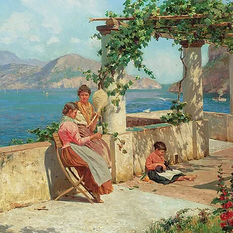 Figures on a Terrace in Capri Framed Canvas Replica Painting: Medium
