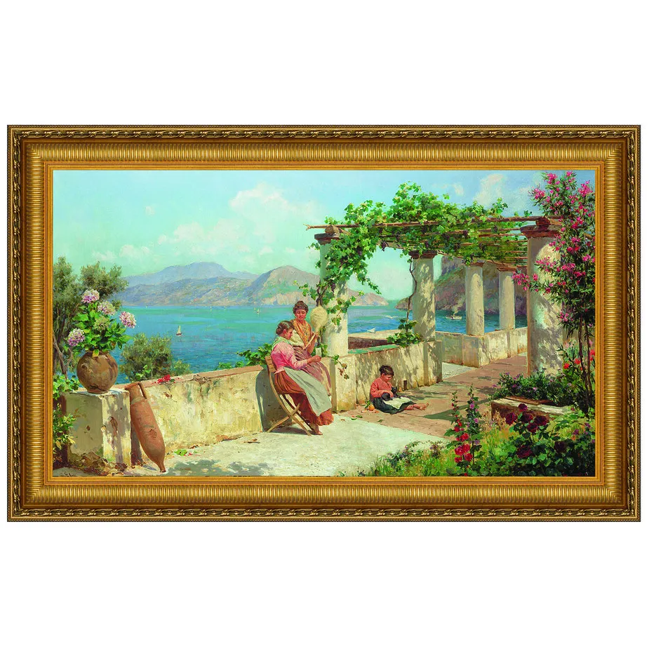 Figures on a Terrace in Capri Framed Canvas Replica Painting: Medium