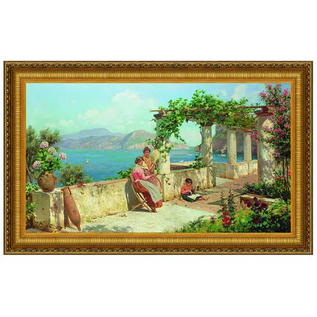 Figures on a Terrace in Capri Framed Canvas Replica Painting: Grande