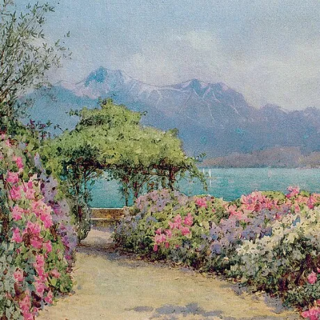 Lake Como from the Villa Framed Canvas Replica Painting: Medium