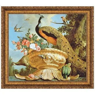 A Peacock on a Decorative Urn Framed Canvas Replica Painting: Medium
