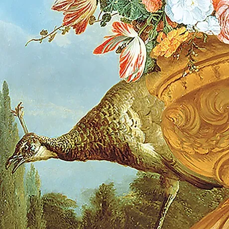 A Peacock on a Decorative Urn Framed Canvas Replica Painting: Large