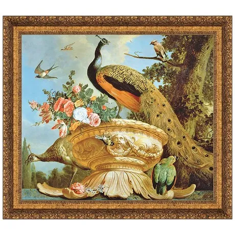 A Peacock on a Decorative Urn Framed Canvas Replica Painting: Large