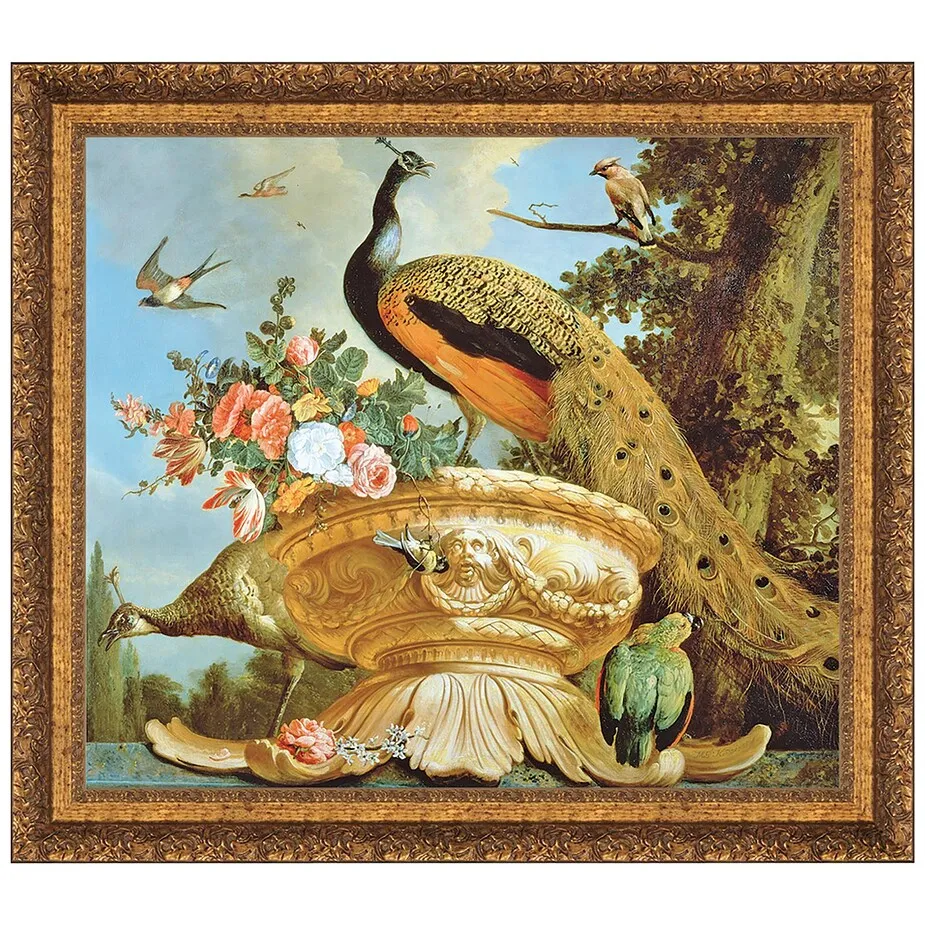 A Peacock on a Decorative Urn Framed Canvas Replica Painting: Large