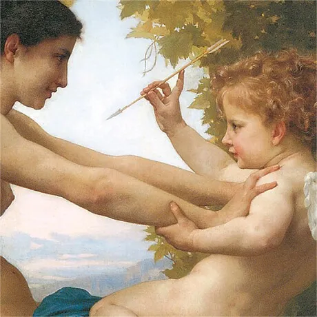 Young Girl Defending Herself Against Eros Framed Canvas Replica Painting: Large