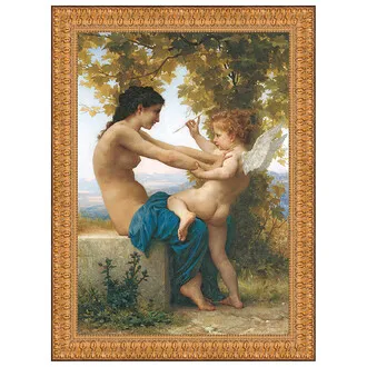Young Girl Defending Herself Against Eros Framed Canvas Replica Painting: Large