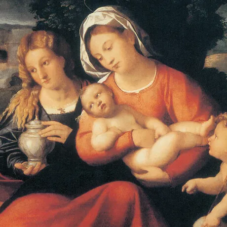 Holy Family with Saint John and Mary Magdalene Framed Canvas Replica Painting: Large