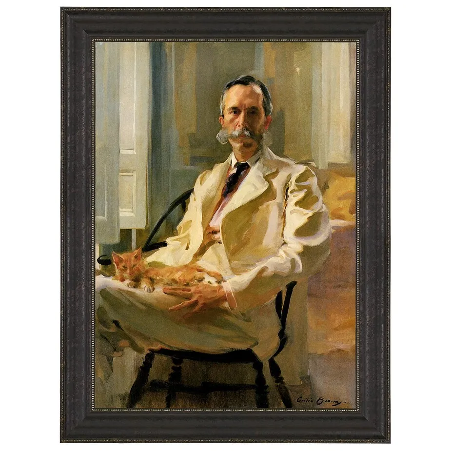 Man with Cat Framed Canvas Replica Painting: Large