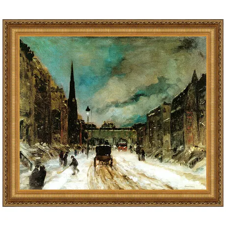Street Scene with Snow Framed Canvas Replica Painting: Small