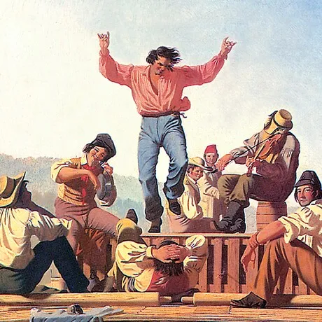 Jolly Flatboatmen in Port Framed Canvas Replica Painting: Medium
