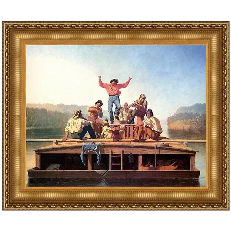 Jolly Flatboatmen in Port Framed Canvas Replica Painting: Medium