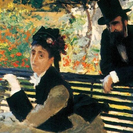 Camille Monet on a Garden Bench Framed Canvas Replica Painting: Large