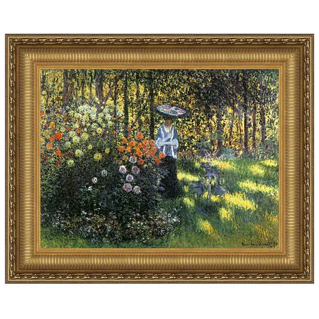 Woman with Parasol in Argenteuil Garden Framed Canvas Replica Painting: Large