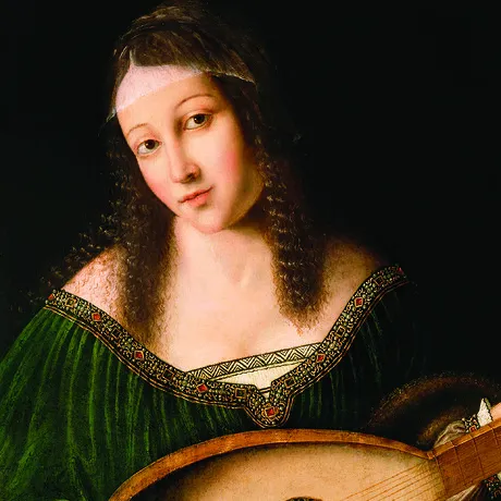 Lady Playing a Lute Framed Canvas Replica Painting: Small
