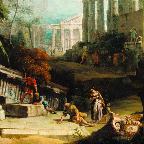 Landscape with Classical Ruins and Figures Framed Canvas Replica Painting: Small