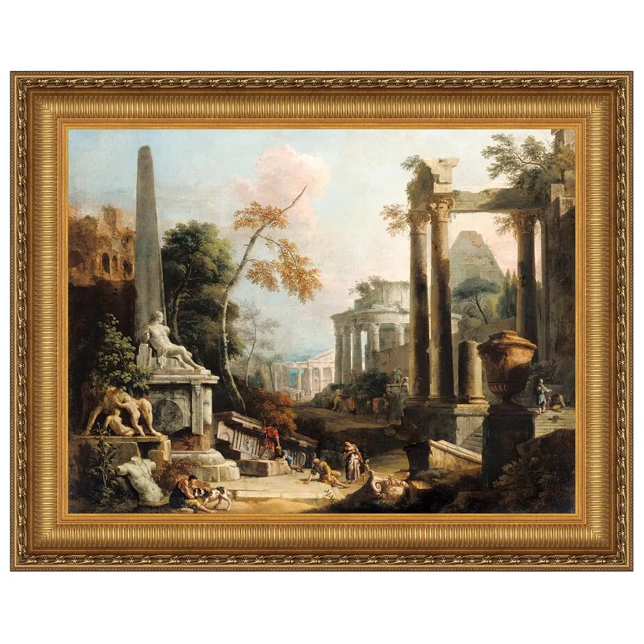 Landscape with Classical Ruins and Figures Framed Canvas Replica Painting: Medium
