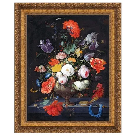 Still Life with Flowers and a Watch Framed Canvas Replica Painting: Medium