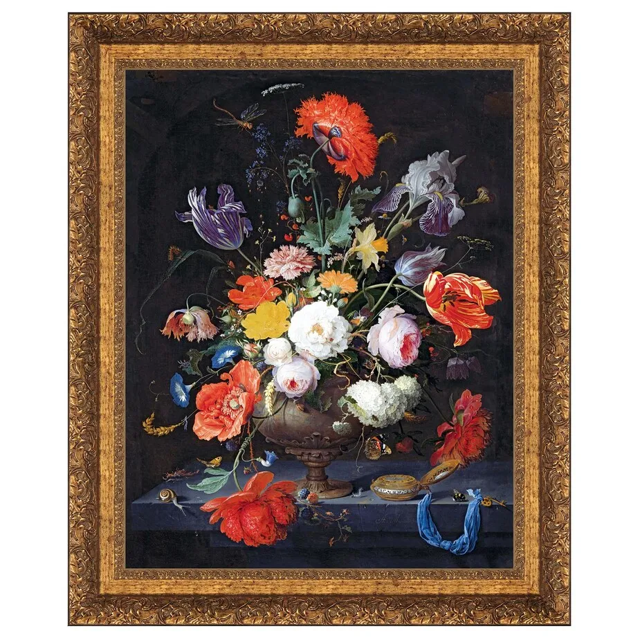 Still Life with Flowers and a Watch Framed Canvas Replica Painting: Grande