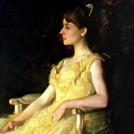 A Lady in Yellow Framed Canvas Replica Painting: Large