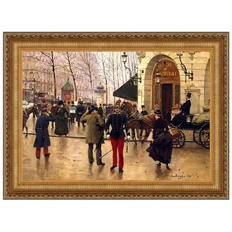 Boulevard des Capucines and Vaudeville Theatre in Paris Framed Canvas Replica Painting: Large