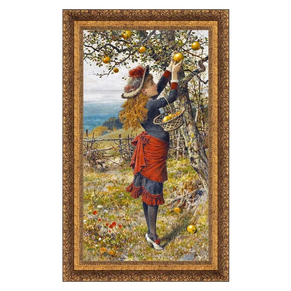 Picking Apples Framed Canvas Replica Painting: Large