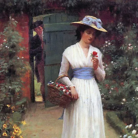 Lady in a Garden Framed Canvas Replica Painting: Small