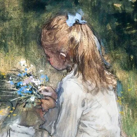 A Girl with Flowers on the Grass Framed Canvas Replica Painting: Small