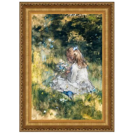 A Girl with Flowers on the Grass Framed Canvas Replica Painting: Small