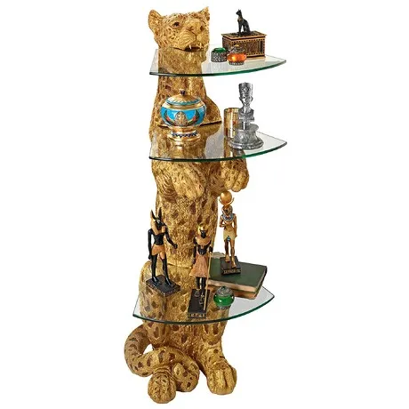 Royal Egyptian Cheetah Sculptural Glass-Shelved Pedestal Table