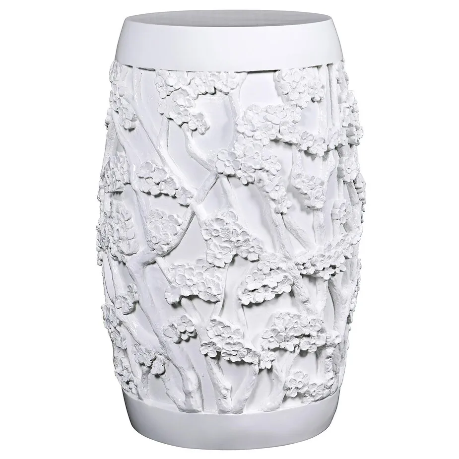 Sakura Cherry Blossom Asian Sculptural Pedestal Table: Gloss White Finish